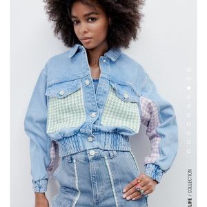 NWT Zara Denim Jacket with Pastel Houndstooth Details